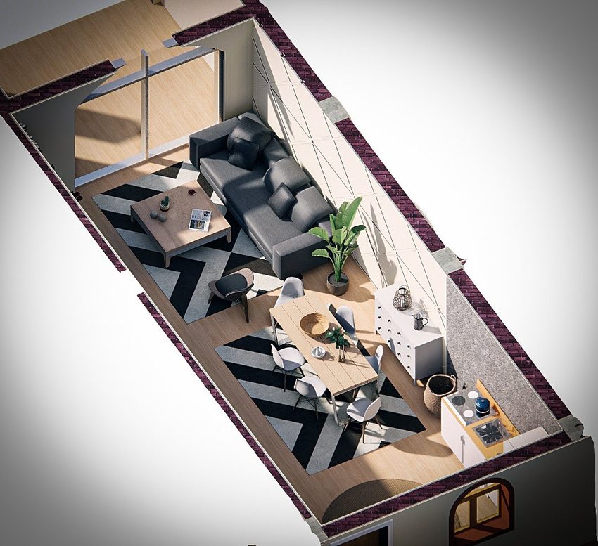 Interior axonometric cutaway من شغل مهندسينا